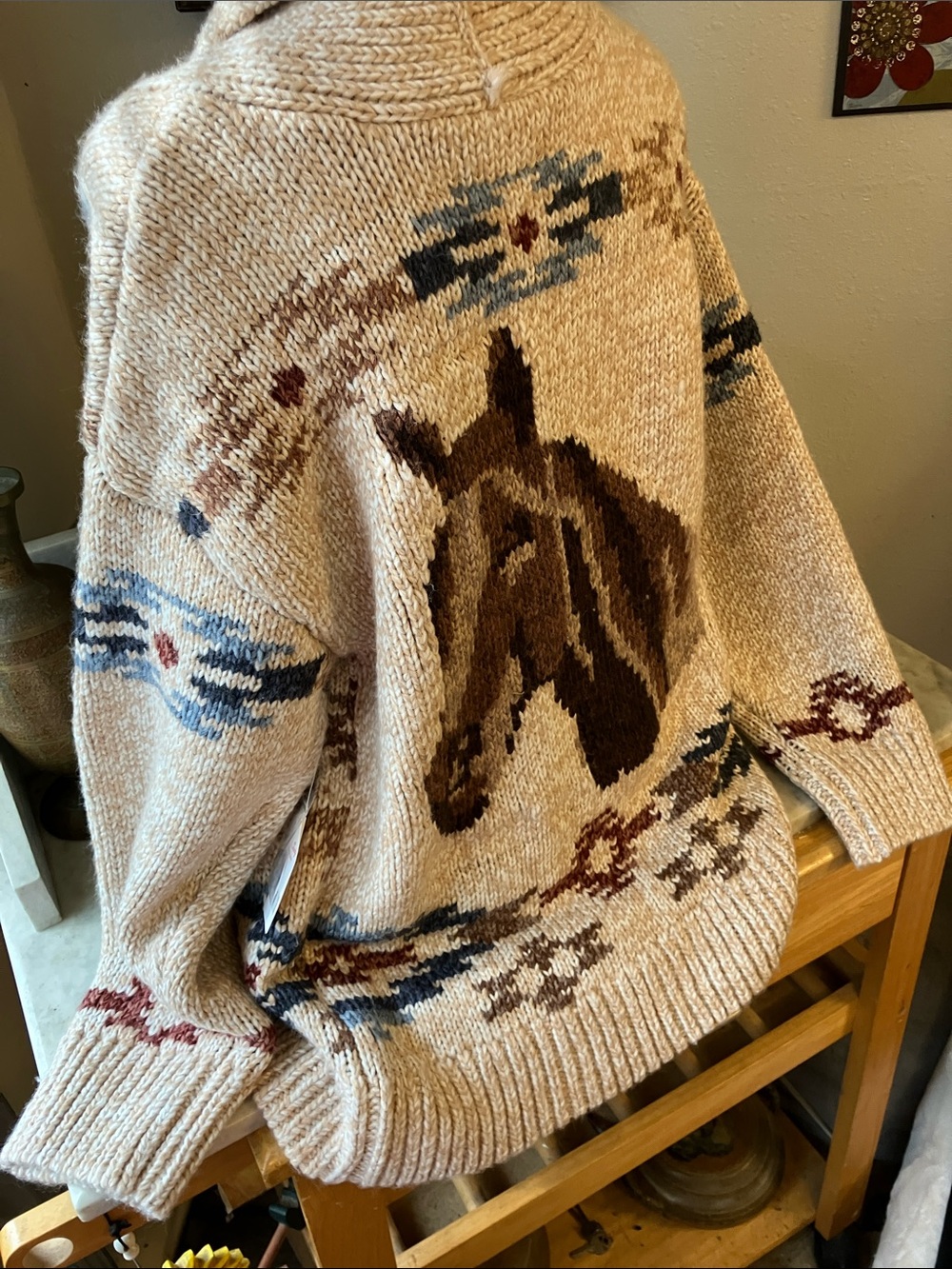 Lucky Brand Neutral & Rust Knit Cardigan Mexican Design Horse Fab Back!! L - Picture 8 of 11